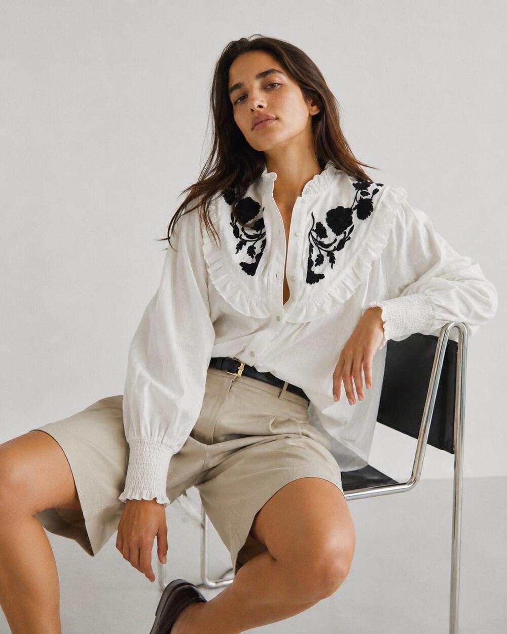 Free People White Button-Down Shirt with Black Floral Embroidery